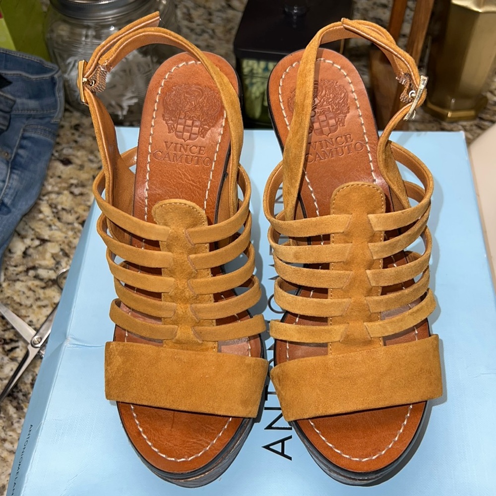 Gold Suede Wedge Sandals , Worn Once, Good Condition, Size 7.5